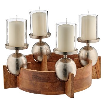 Mangoholz Kranz, 4er mit Aluminiumkugel mit Glas, 32x32x27cm, natur