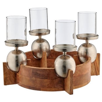 Mangoholz Kranz, 4er mit Aluminiumkugel mit Glas, 32x32x27cm, natur