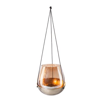 Glass Lantern In Metal Bowl with Leather Hanger Stale, 9x14x13cm, Champagne