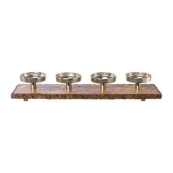 Wooden plate with 4 aluminium candle holders URUGAYA,