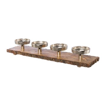 Wooden plate with 4 aluminium candle holders URUGAYA,