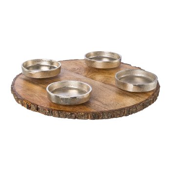 Holz Platte rund m.4Aluminium Kerzenhalter URUGAYA, 32x32x5cm, natur