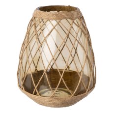 Glass lantern w.sisal decoration, 21x19x19cm, brown