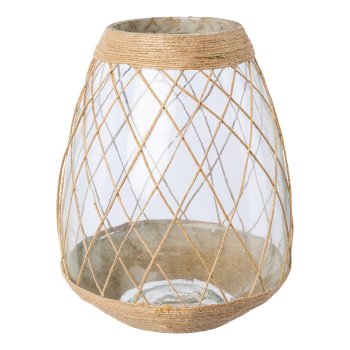 Glass lantern with sisal decoration, 26x20x20cm, clear