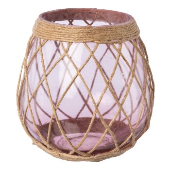 Glass lantern w.sisal decoration, 13x13x13cm, lavender