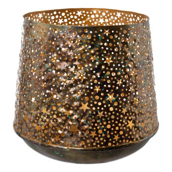 Metall Windlicht bauchig Sterndekor, 14x16x16cm, alt gold