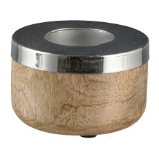 Wooden tealight holder, round, with metal top, 5x8cm, silver