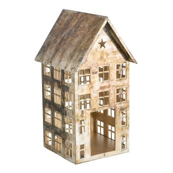 Metall Windlicht Haus 23x21x40cm, Gold