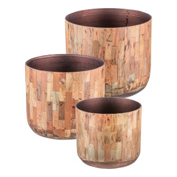 Metal planter, mosaic wood look, set of 3 19x17/23x20/25x22cm, nature