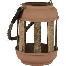 Metal lantern, natural handle, with wooden sticks, 9x15x20cm, caramel