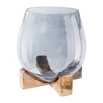 Glass tea light on wooden base, 16x14x14cm, grey