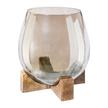 Glass Tea Light On Wooden Base, 17x16x16cm, Brown