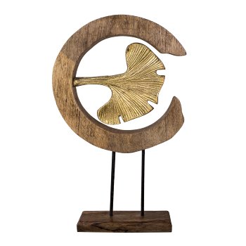 Holz Dekoobjekt auf Fuß m.Aluminium Blatt, 32x20x7cm, natur-gold
