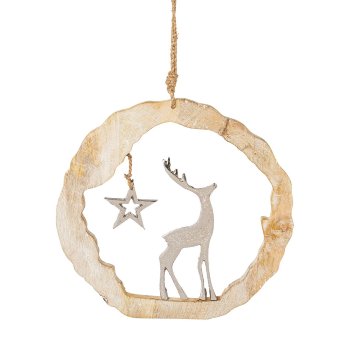 Holz Ring Hänger m.Aluminium Hirsch, 25x25x5cm, silber