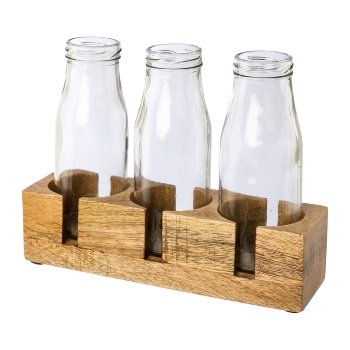 Holz Gestell m.3 Glas Flaschenvasen ENSEMBLE, 21x18x6cm, natur