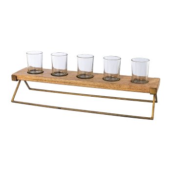 Wooden tray on metal rack w.5tealight glasses, 52x17x15cm, nature