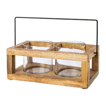 Wooden frame with 2 tea light glasses with handle, glass 8x8cm/22x12x9cm, nature