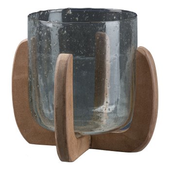 Glas Windlicht auf Holzfuß, 17x19x19cm, Natur