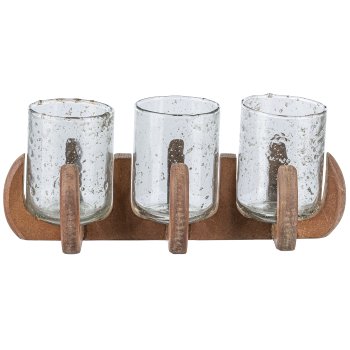Glass Lantern x3 on Wooden Base, 32x12x12cm, natural