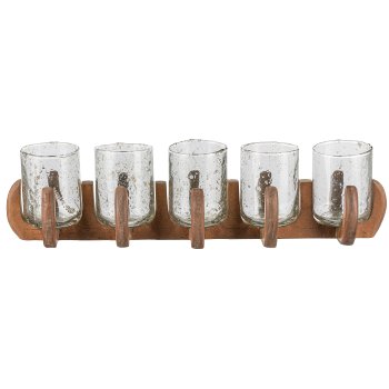 Glass Lantern x5 on Wooden Base, 52x12x12cm, natural