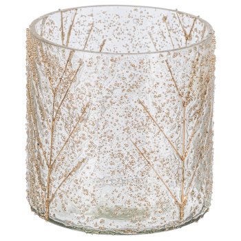 Glass Tealight cylindrical with leaf decor, 9x8x8cm, natural