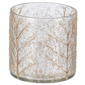 Glas Teelicht zylindrisch mit Blattdekor, 10x10x10cm, Natur
