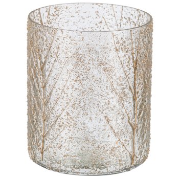 Glass Tealight cylindrical with leaf decor, 14x12x12cm, natural