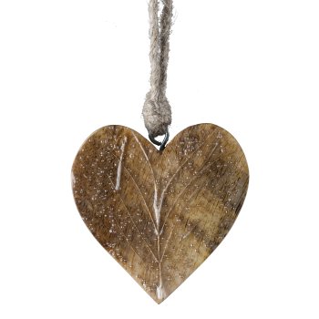 Wooden heart hanger with leaf decoration, 8x8x1cm, natural