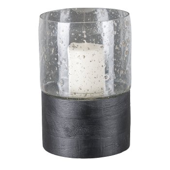 Glass lantern on mango wood base, 25x17x17cm, black