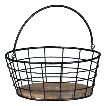 Iron Basket with Wooden Bottom and Handle Round, 26x26x10cm, Black
