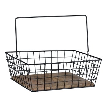 Iron Basket with Wooden Bottom and Handle Square, 31x31x11cm, Black