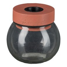 Glass Candle Holder with Wooden Top, 8x8x8cm, Sandstone Red