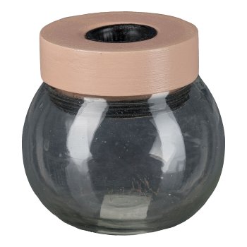 Glass Candle Holder with Wooden Top, 8x8x8cm, Macchiato