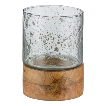 Glas Windlicht, auf Holzfuß 19x13x13cm, Natur