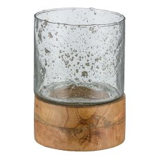 Glas Windlicht, auf Holzfuß 19x13x13cm, Natur