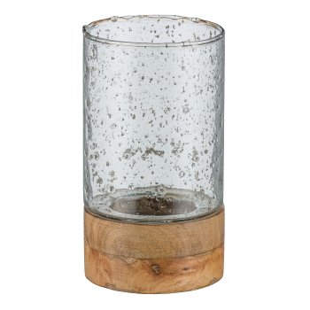 Glas Windlicht, auf Holzfuß 23x13x13cm, Natur