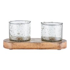 Glass tealight, ensemble of 2, on wooden base 21x10x9cm, nature