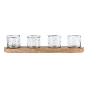 Glas Teelicht, Ensemble 4er, auf Holzfuß 41x10x9cm, Natur