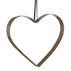 Metal heart open, w. leather hanger, hammered 30x30x4cm, gold