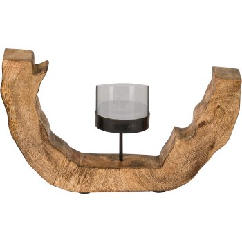 Holz/Metall Teelichthalter mit Glas, 27x13x6cm, natur