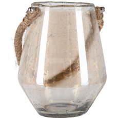 Glas Windlicht, mit Naturhänger, bauchig, 15x12x12cm, gold