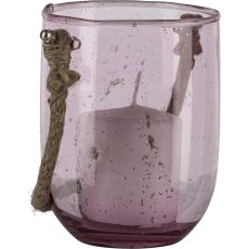 Glas Windlicht, mit Naturhänger, 14x10x10cm, rosa