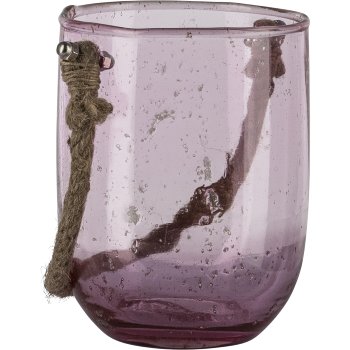 Glas Windlicht, mit Naturhänger, 14x10x10cm, rosa