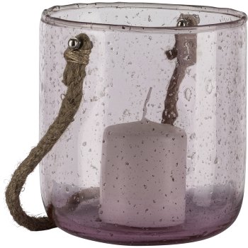 Glass lantern, with natural pendant, 20x14x14cm, pale pink