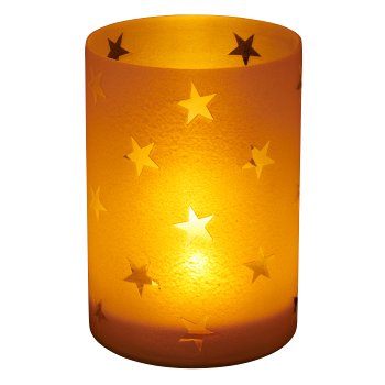 Glas Windlicht Zylinder mit Sternmotiv, gefrostet, 18x12x12cm, weiß