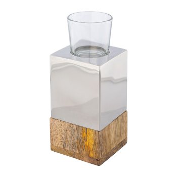 Stainless steel mango wood tealight tower w.glass, 8x8x18cm, silver