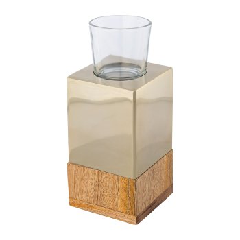 Edelstahl-Mango Holz Teelicht Tower m.Glas, 8x8x18cm, champagner