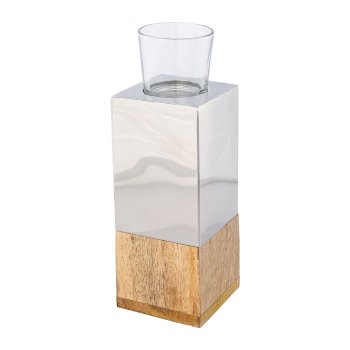 Edelstahl-Mango Holz Teelicht Tower m.Glas, 8x8x23cm, silber