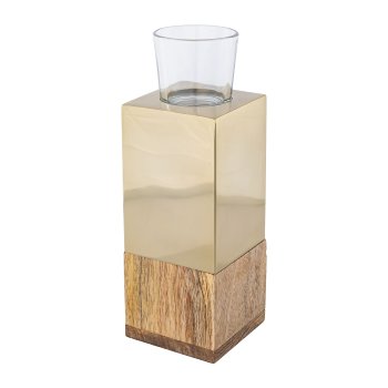 Edelstahl-Mango Holz Teelicht Tower m.Glas, 8x8x23cm, champagner