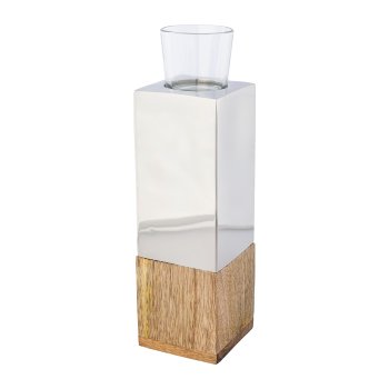 Edelstahl-Mango Holz Teelicht Tower m.Glas, 8x8x28cm, silber